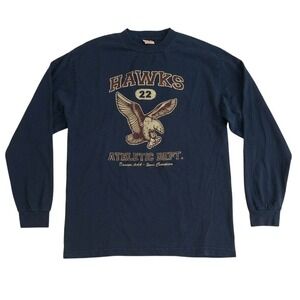 VTG Y2K Fossil Brand Mens Hawks Athletic Dept Graphic Long Sleeve T-Shirt Navy M